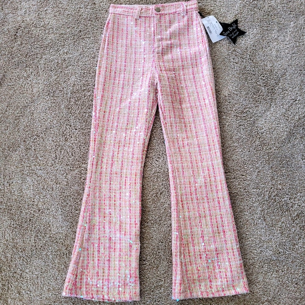 Stella 88‎ Girls Medium Sequin Pants Pink Multi Plaid Embellished NWT Shimmering